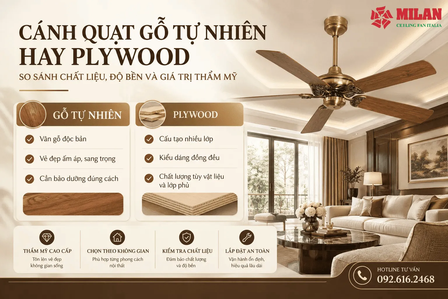 quạt trần cánh gỗ tự nhiên hay plywood
